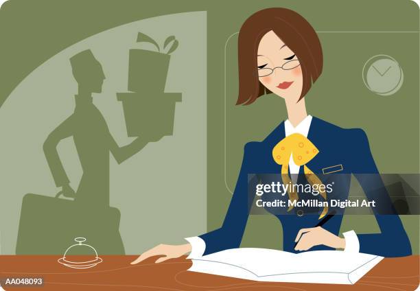 female receptionist at front desk, silouhette of bellboy in background - gästebuch stock-grafiken, -clipart, -cartoons und -symbole