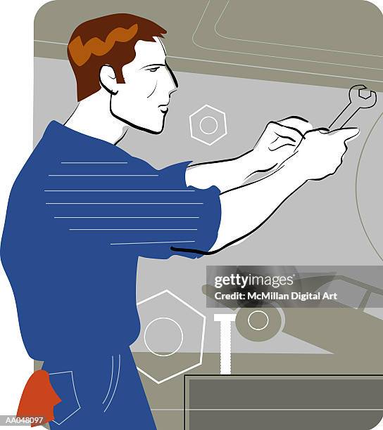 mechanic working on car - holding spanner stock illustrations