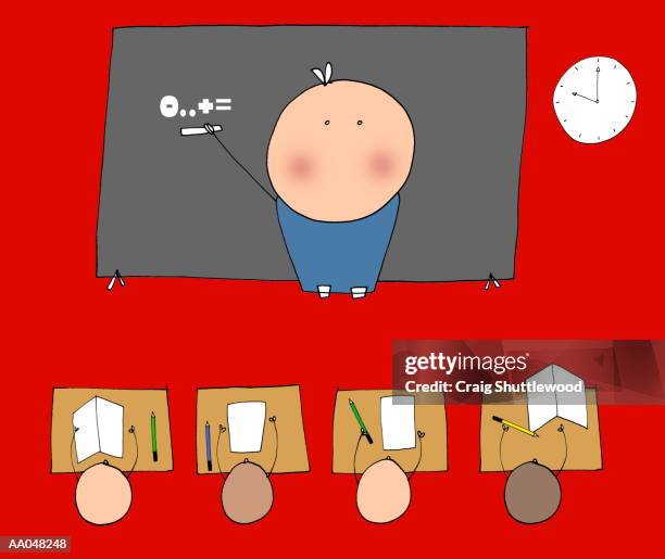 teacher in front of classroom, elevated view (digital) - classroom desk overhead stock illustrations