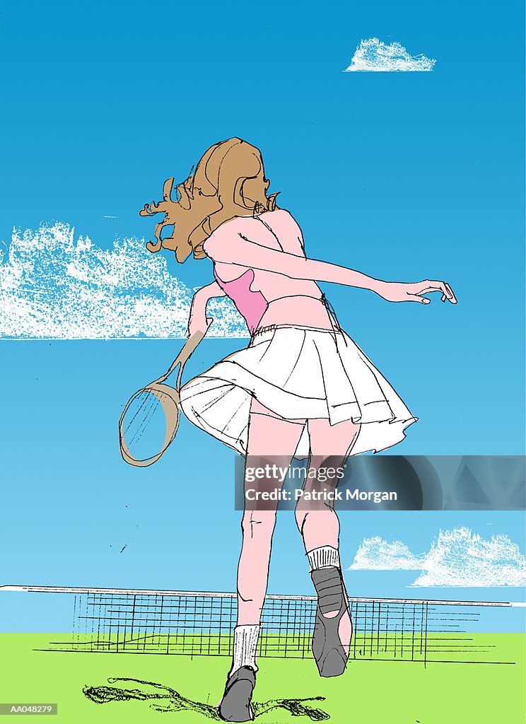 Woman playing tennis, rear view (Digital)