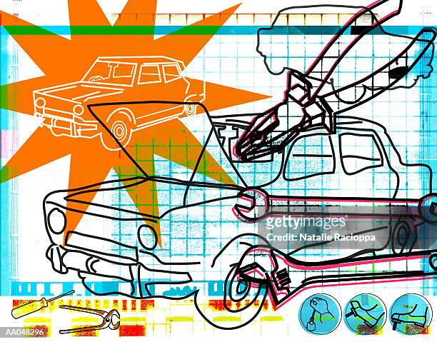 ilustraciones, imágenes clip art, dibujos animados e iconos de stock de auto repair (digital composite) - pedal do acelerador