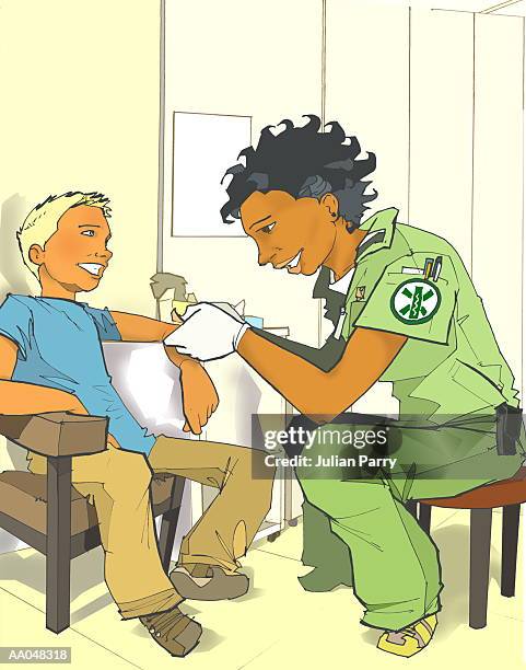 nurse attending to boy (10-12) - julian stock illustrations