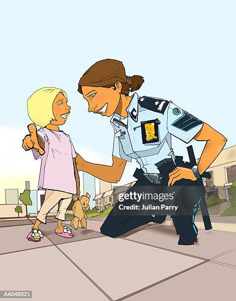 female police officer with girl (4-6) - julian stock illustrations