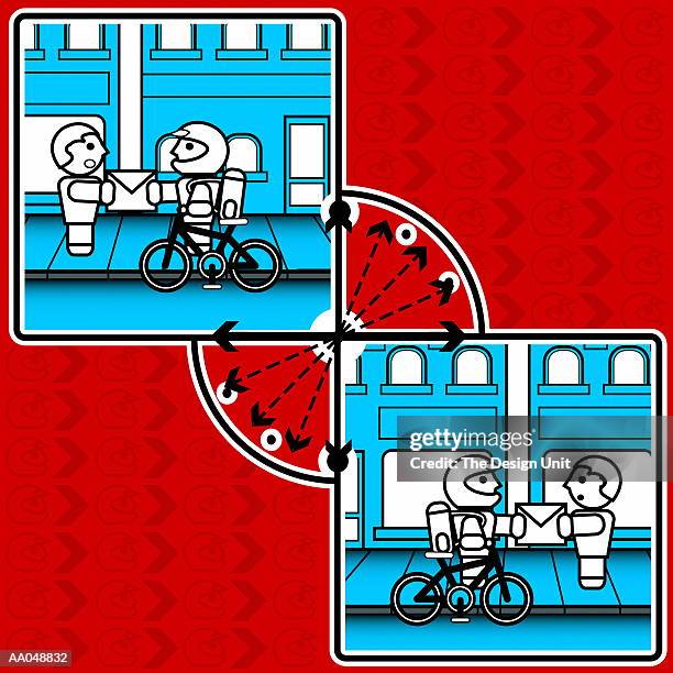 male bicycle messenger making delivery (digitally generated) - bicycle messenger stock illustrations