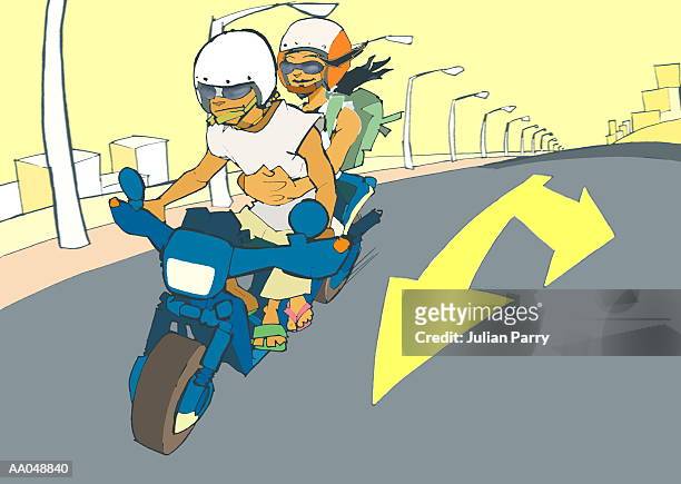 stockillustraties, clipart, cartoons en iconen met couple on motor scooter - julian
