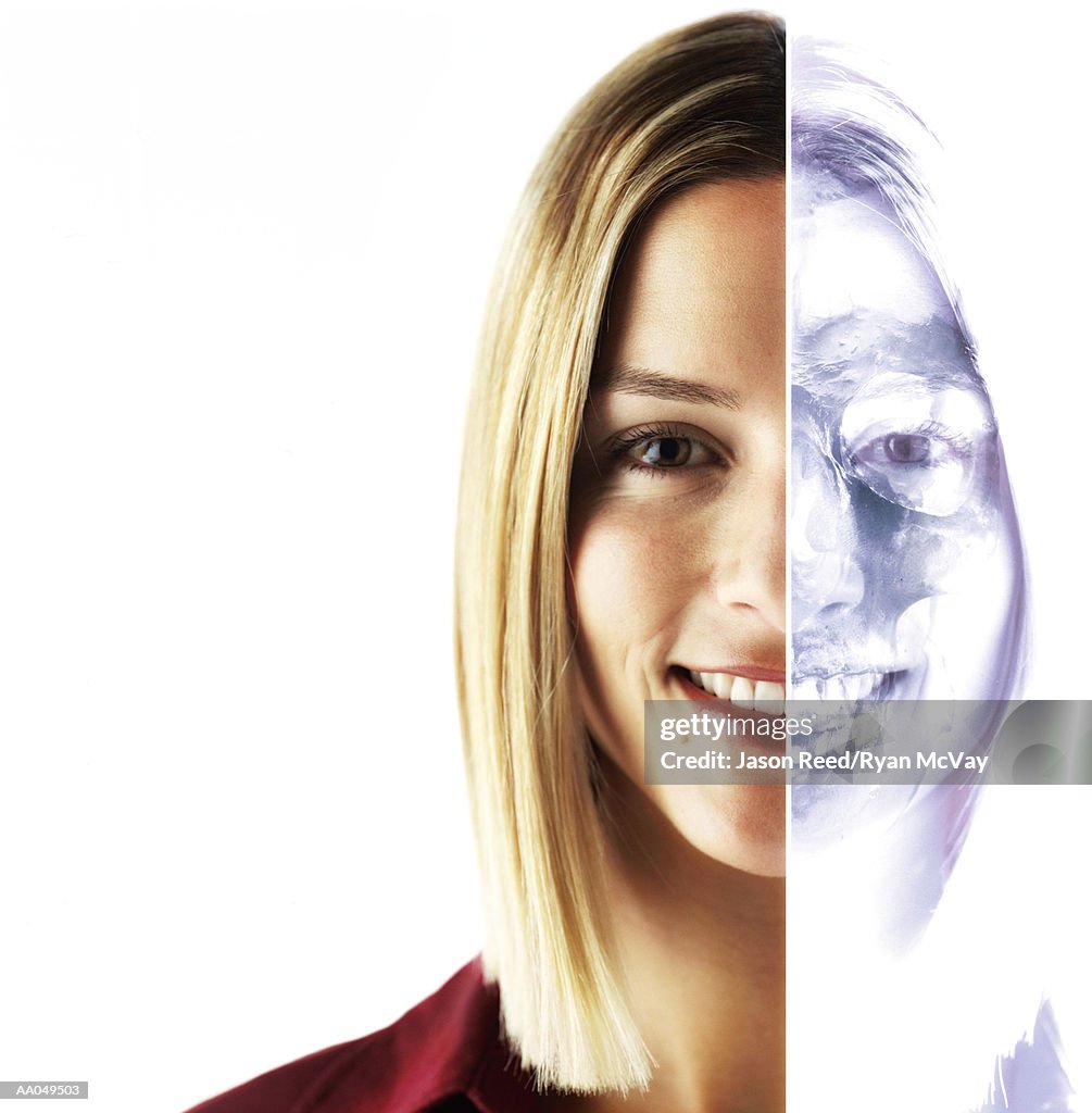 Cat scan of half of woman face, portrait (Digital Composite)