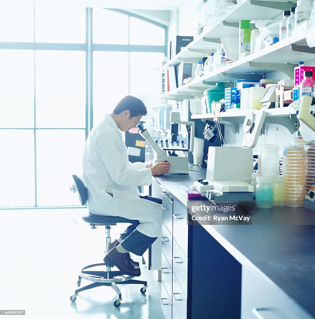 Scientist looking into microscope in research lab, side view