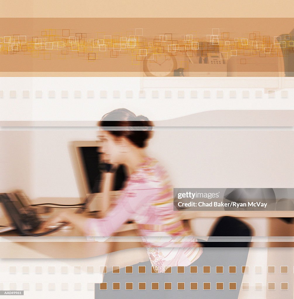 Woman at desk, using telephone, side view digital composite