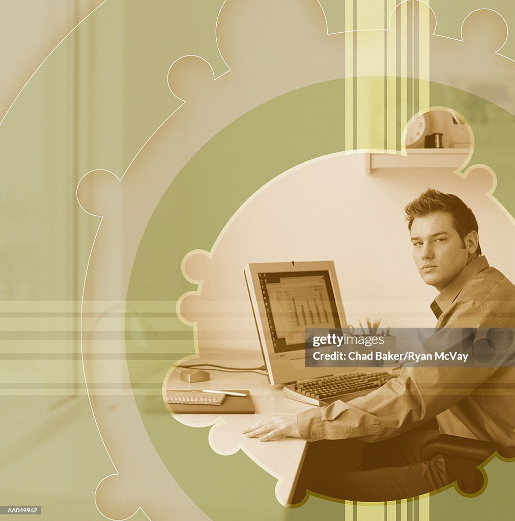 Young man at computer, portrait, digital composite