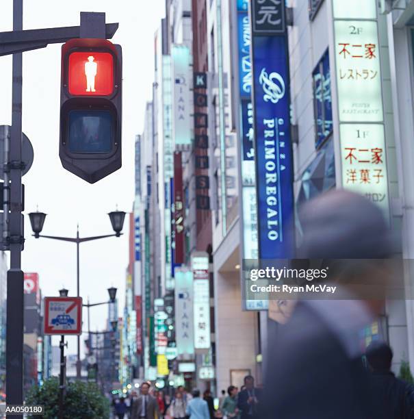 don't walk signal at busy city intersection - why dont we stock-fotos und bilder