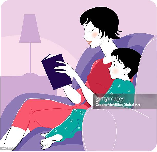 mother reading to son - bedtime stories stock-grafiken, -clipart, -cartoons und -symbole