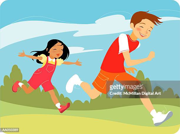 girl chasing boy in park - fangspiel stock-grafiken, -clipart, -cartoons und -symbole
