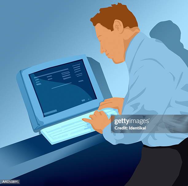 businessman using computer (digital illustration) - device screen office setting stock illustrations