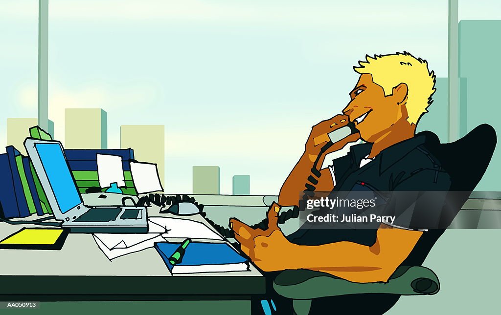 Man at office desk, talking on phone, side view (Digital Illustration)