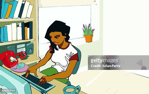 stockillustraties, clipart, cartoons en iconen met woman working on computer at home, elevated view - julian