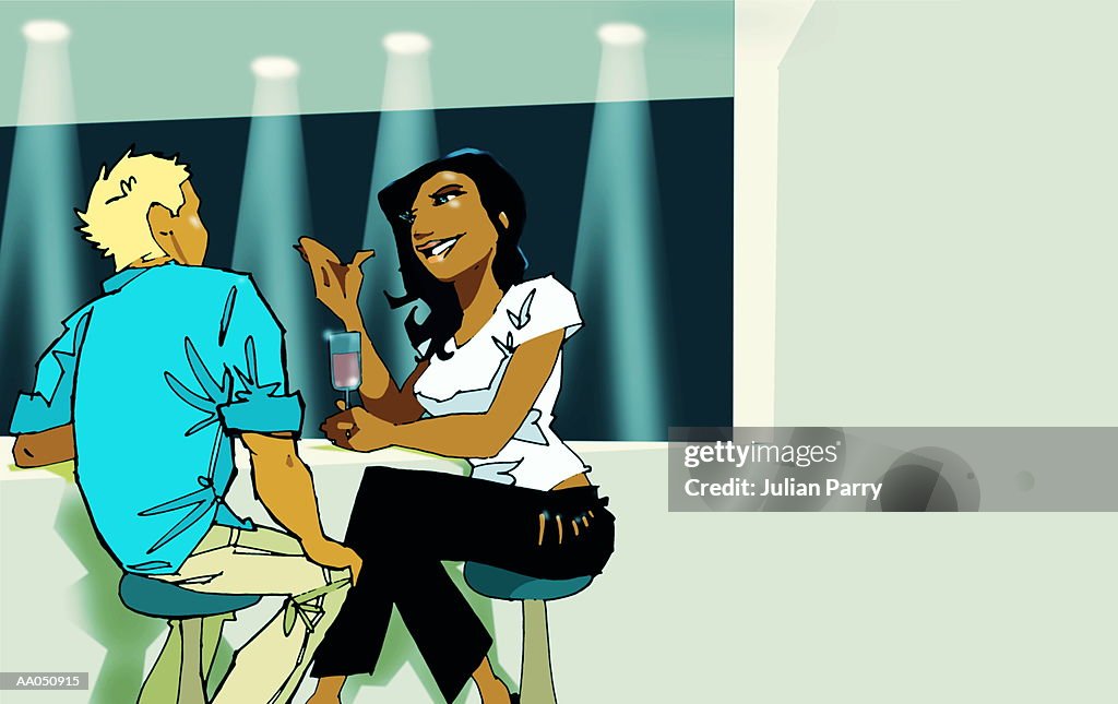 Couple talking in bar, side view (Digital Illustration)