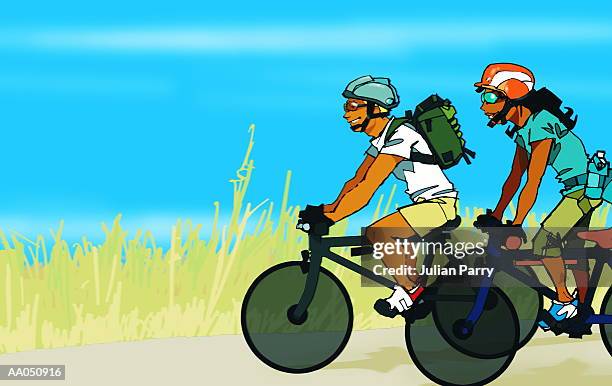 couple riding bikes on road, side view (digital illustration) - julian stock illustrations