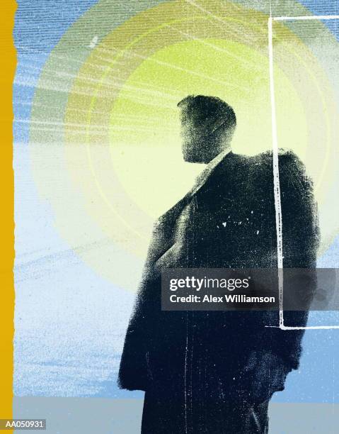 illustrazioni stock, clip art, cartoni animati e icone di tendenza di concentric circles illuminating man's head, low angle view - inquadratura dal basso