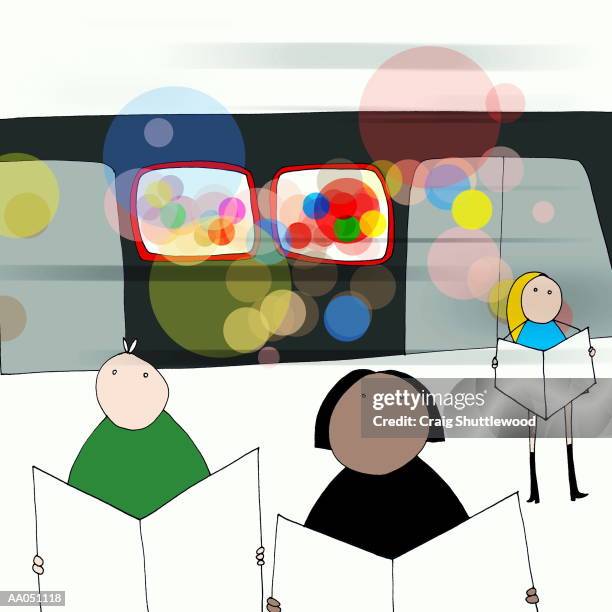 commuters on train platform with newspapers, portrait - digital subway billboard stock illustrations