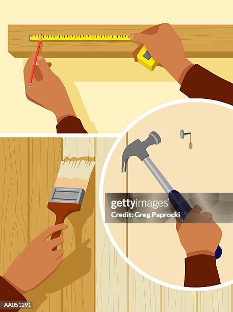man doing home improvements, close-up (montage) - claw hammer stock illustrations