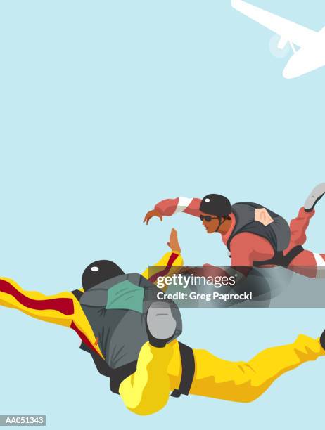 two skydivers in mid air - sky diving stock illustrations