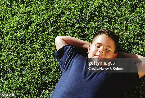 boy (8-10) lying on grass, hands behind head, overhead view - nancy green fotografías e imágenes de stock