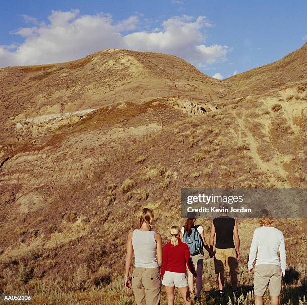 group of friends hiking, drumheller, canada, rear view - drumheller stock pictures, royalty-free photos & images