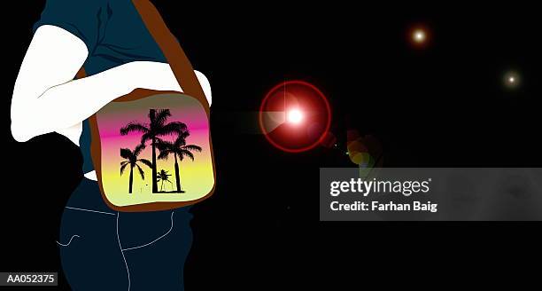 Woman Carrying Bag Decorated With Palm Trees Side View High-Res Vector Graphic