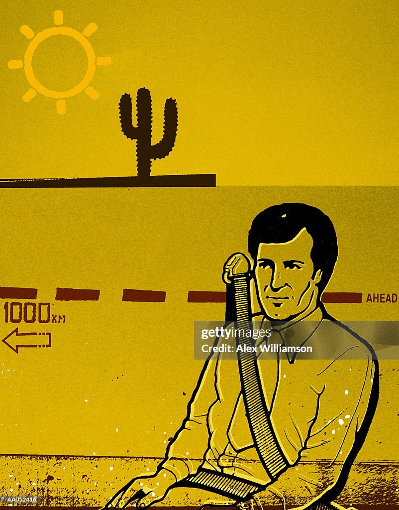 Man wearing seatbelt, highway and desert background