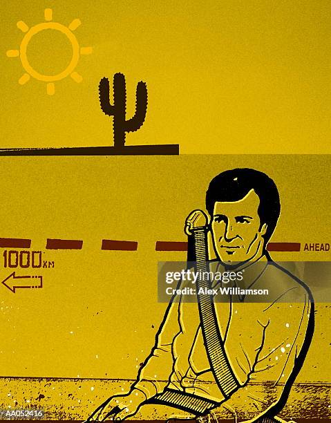 man wearing seatbelt, highway and desert background - two lanes to one stock illustrations