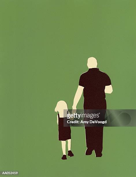 father and daughter (4-6) walking, holding hands, rear view - 40 44 years stock illustrations