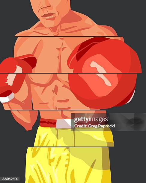 stockillustraties, clipart, cartoons en iconen met male boxer throwing punch, middle section - boksbroek