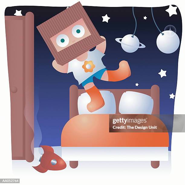child with box over head, jumping on bed - kid jumping on bed stock illustrations