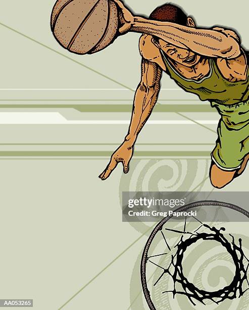 basketball player moving ball towards basket, overhead view - collage basketball stock illustrations