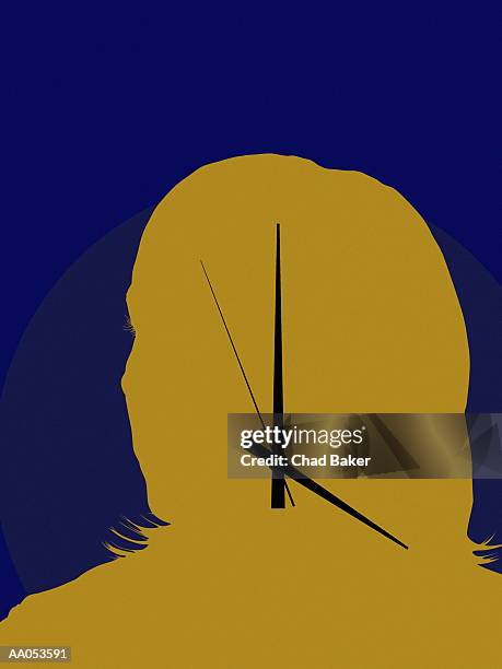 hands of clock on woman's face - biological clock stock-grafiken, -clipart, -cartoons und -symbole