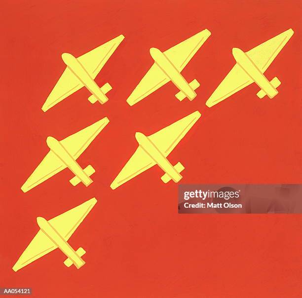 six airplanes flying in formation, view from below - formation flying stock illustrations