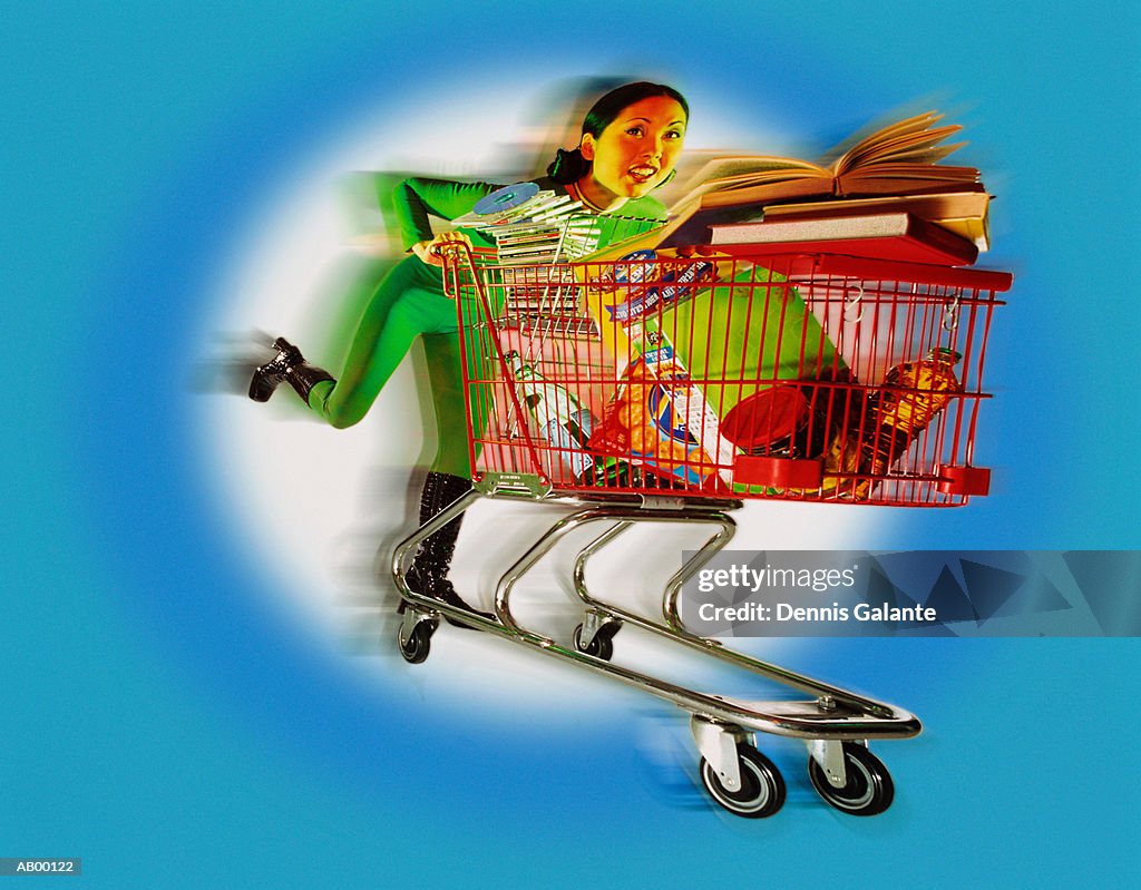 Young woman pushing shopping cart (digital enhancement)