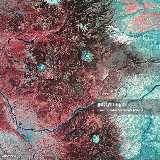 satellite view of river and mountain - satellite view stock-fotos und bilder