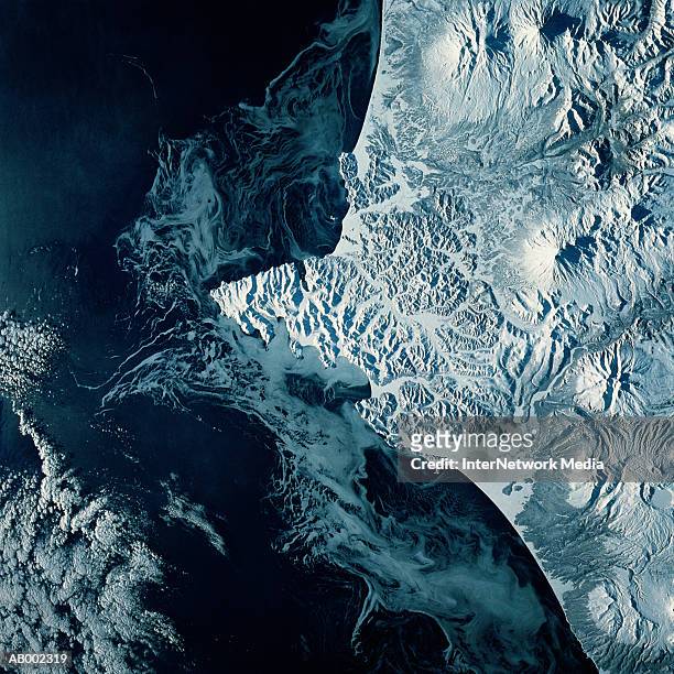 satellite view of pacific siberia - satellite view stock-fotos und bilder
