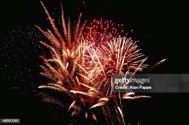fireworks exploding, night, low angle view - alan bersten stock-fotos und bilder
