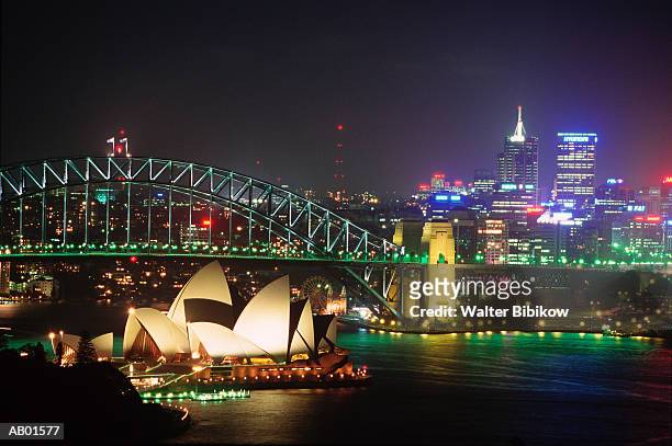 australia, new south wales, sydney, harbour bridge, and opera, night - sydney opera house stock-fotos und bilder