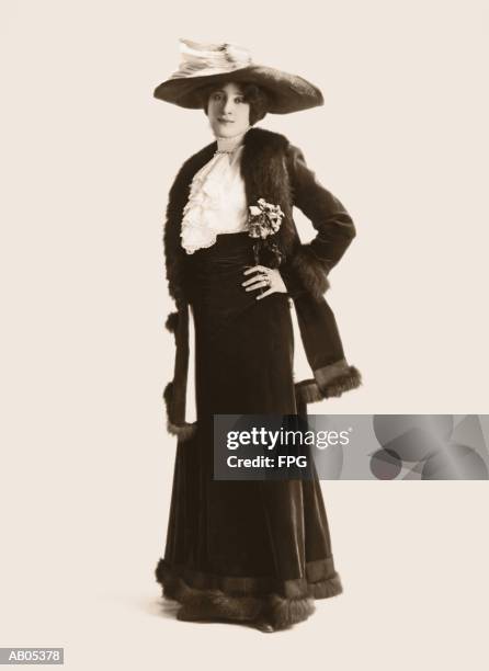 full length portrait / edwardian lady in long fur trim skirt - sunday best stock pictures, royalty-free photos & images