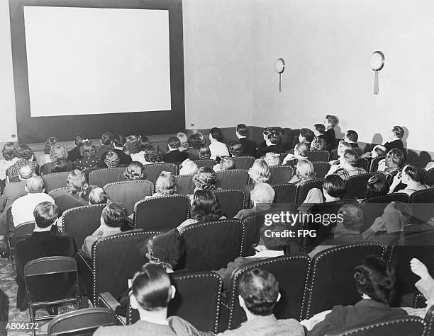 people in theatre looking at blank screen, rear view (b&w) - projection screen stock pictures, royalty-free photos & images