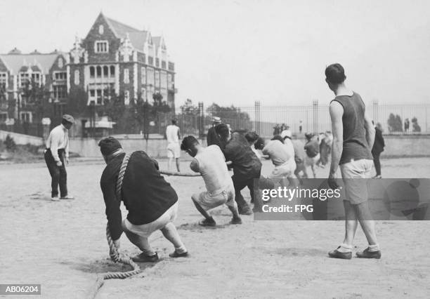 men having tug of war, rear view (b&w) - tug of war stock pictures, royalty-free photos & images