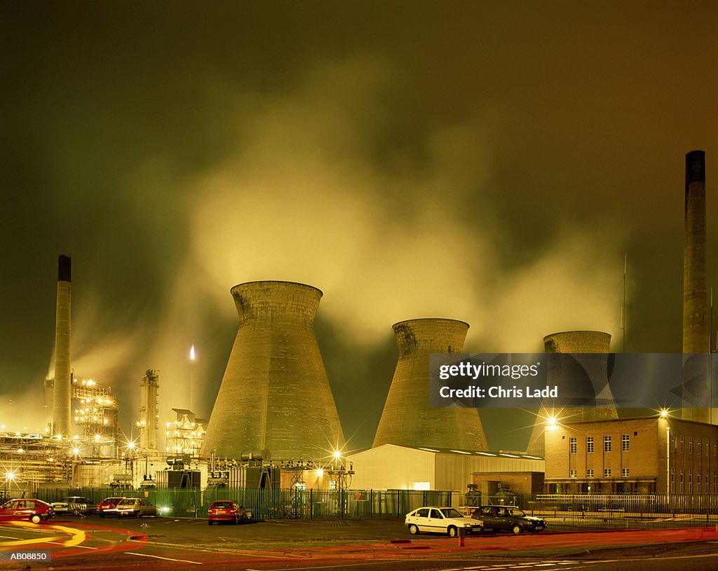 Cooling Towers at Petrochemical plant, Scotland dusk