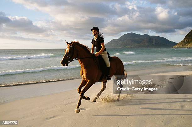 woman on horseback riding on beach - andare a cavallo foto e immagini stock