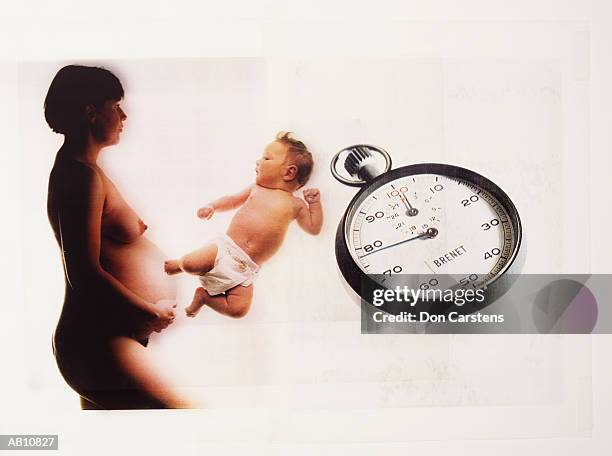 naked pregnant woman, baby (0-3 months) and stopwatch (montage) - 1792 stock pictures, royalty-free photos & images