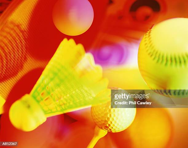 shuttlecock, golf ball, softball and table tennis ball, close-up - phil stock pictures, royalty-free photos & images