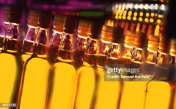 whiskey bottles in production line, close-up - ashfield stock pictures, royalty-free photos & images