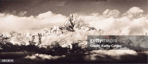 nepal, annapurna range, fishtail mountain (b&w) - machapuchare stock pictures, royalty-free photos & images
